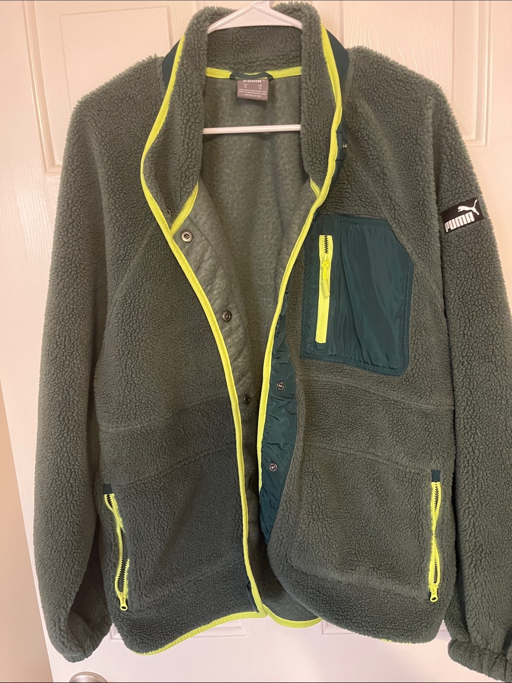 Puma Olive Green Sherpa Jacket with Neon Yellow Trim